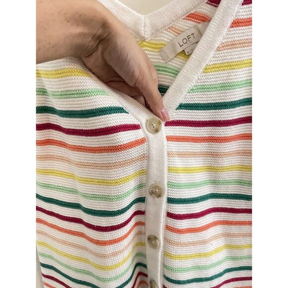 Loft Top Women's Medium White Rainbow Striped Button Up Sweater Tank 100% Cotton - Picture 3 of 7